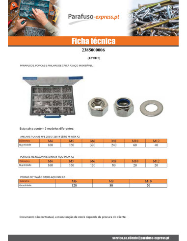 Sortido 1760 Rondela / Porca sextavada / porca autoblocante Aço inoxidável A2