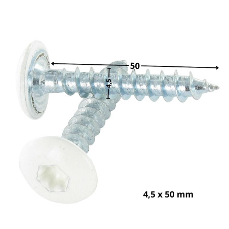 PARAFUSO dobradiça 4,5X50 rosca total TORX T20 Aço zinco branco LAQ RAL9010 branco puro