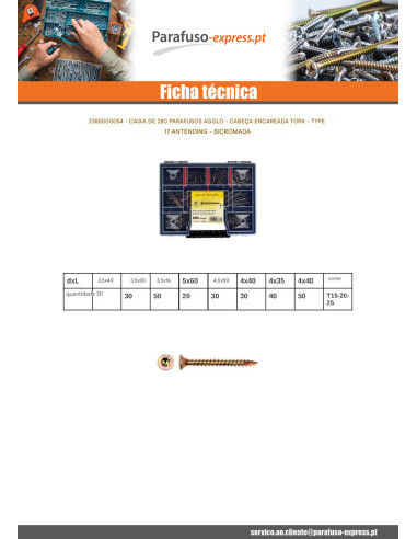 Sortido 280 Parafuso de madeira aglomerado cabeça fresada TORX cut ponto antifenda tipo 17 Dicromato