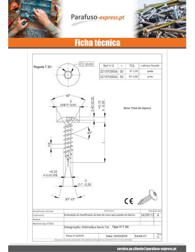 Parafusos de madeira e aglomerado TEKOR PARAFUSO dobradiça 7X30 roscado sobre 30 TORX T30 Aço zinco preto cut ponto