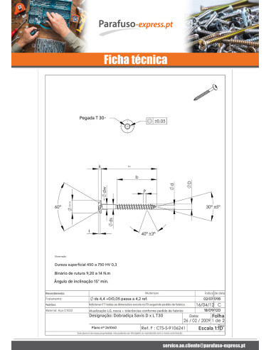 Parafuso de madeira e aglomerado dobradiça 6X60 TORX T30 rosca total Aço zinco preto