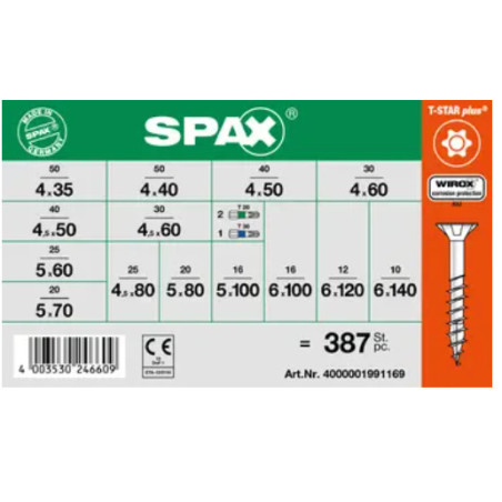 Sortido 364 Parafuso de madeira cabeça fresada T-STAR revestimento WIROX + 3 Ponteira
