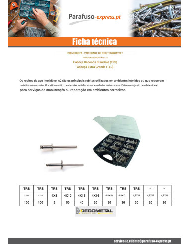 Sortido 500 Rebite GORIVET Aço inoxidável A2 DEGOMETAL