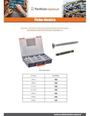 Sortido 1664 Parafuso de madeira aglomerado cabeça fresada Pozi + Ponteira Aço inoxidável A4