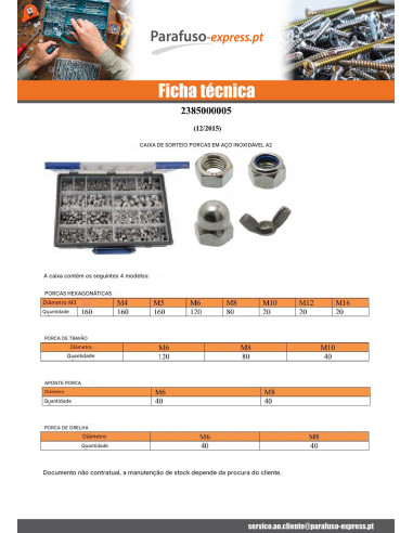 Sortido 1140 Porca sextavada /FREIO/CALOTO/OUVIDO Aço inoxidável A2