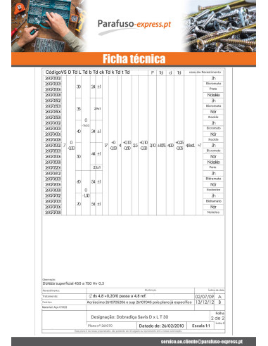 PARAFUSO dobradiça 7X40 rosca total TORX T30 Aço zinco preto
