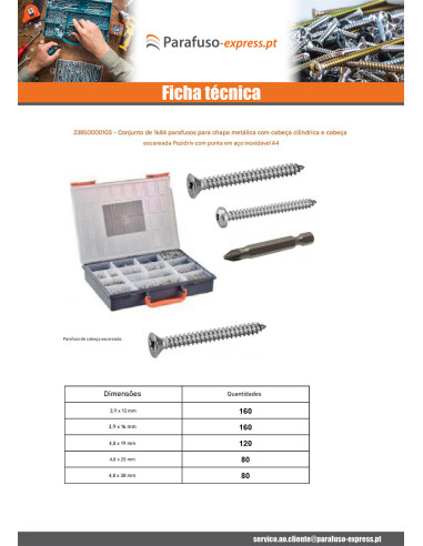 Sortido 1684 Parafuso de chapa cabeça cilíndrica / cabeça fresada Pozi + Ponteira Aço inoxidável A4