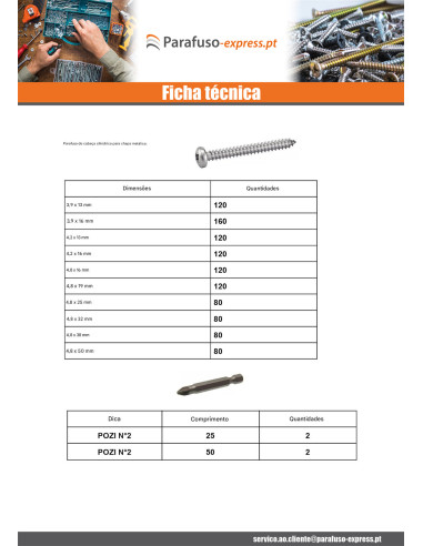 Sortido 1684 Parafuso de chapa cabeça cilíndrica / cabeça fresada Pozi + Ponteira Aço inoxidável A4