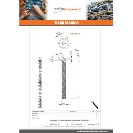 Parafuso de metais liso chave de 4 M6X60 aço bronze