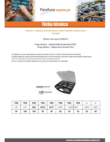 Sortido 500 Multigrip blindklinknagels Alumínio Pino de aço DEGOMETAL