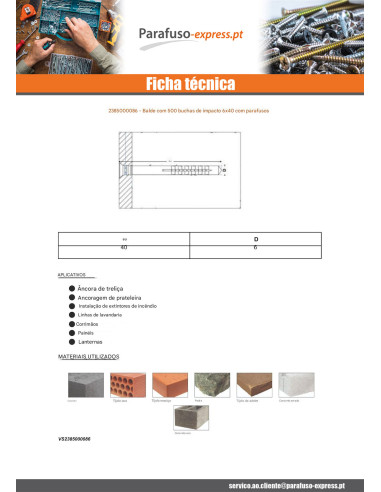 Balde de 500 Bucha de golpe com PARAFUSO 6X40 Aço zinco branco