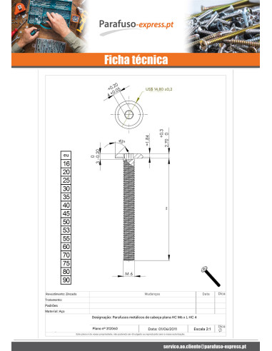 Parafuso de metais liso chave de 4 M6X60 diâmetro da cabeça 12 Aço zinco branco
