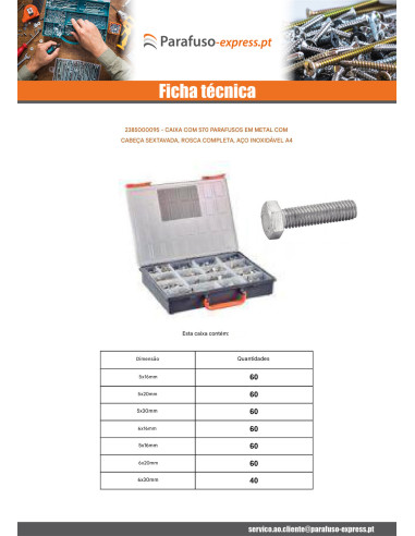 Sortido 570 Parafuso de metais cabeça hexagonal rosca total Aço inoxidável A4