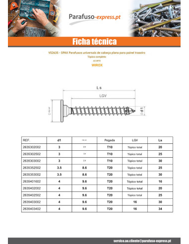Spax Parafuso de madeira cabeça plana 4X25 rosca total TORX T20 4CUT WIROX