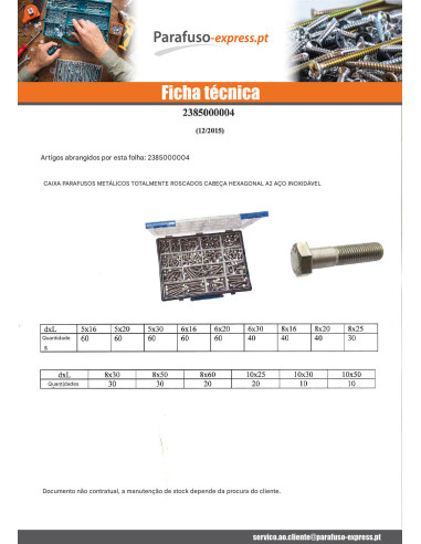 Sortido 570 Parafuso de metais cabeça hexagonal rosca total Aço inoxidável A2