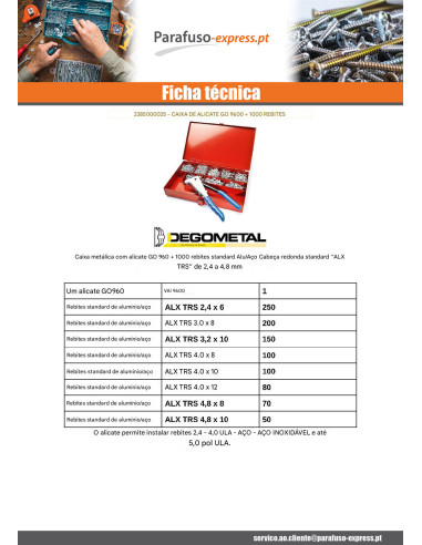 Sortido Alicate GO9600 + 100 Rebite DEGOMETAL - Parafuso Express
