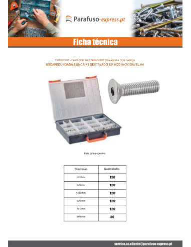 Sortido 1240 Parafuso de metais cabeça fresada hexagonal oca FHC Aço inoxidável A4