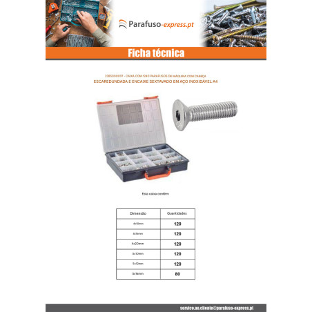 Sortido 1240 Parafuso de metais cabeça fresada hexagonal oca FHC Aço inoxidável A4