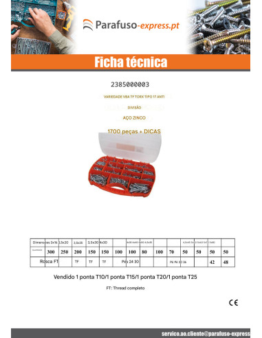 Sortido 1700 Parafusos de madeira e aglomerado TEKOR cabeça fresada TORX cut ponto antifenda tipo 17 Aço zinco