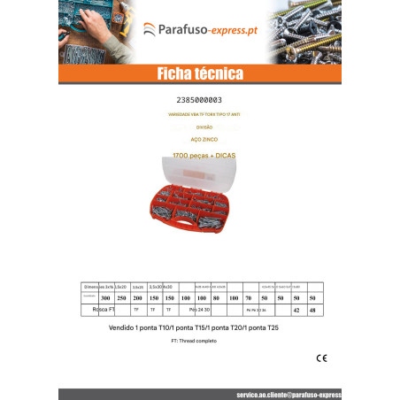 Sortido 1700 Parafusos de madeira e aglomerado TEKOR cabeça fresada TORX cut ponto antifenda tipo 17 Aço zinco