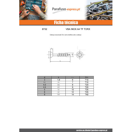 Parafuso de madeira aglomerado cabeça fresada 4X40 roscado sobre 25 TORX T20 Aço inoxidável A4