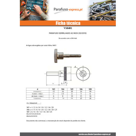 Parafuso de metais recartilhada M6X20 Aço inoxidável A1