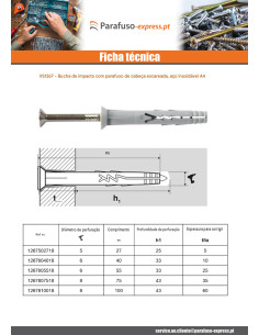 Bucha de golpe Nylon 6X40 com parafuso cabeça fresada Aço inoxidável A4 2