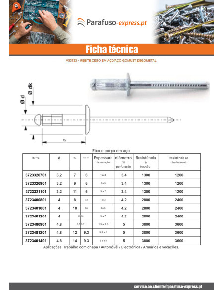 Rebite cego totalmente em aÃ§o GOMUST Cabeça redonda padrão 4,8 x 12