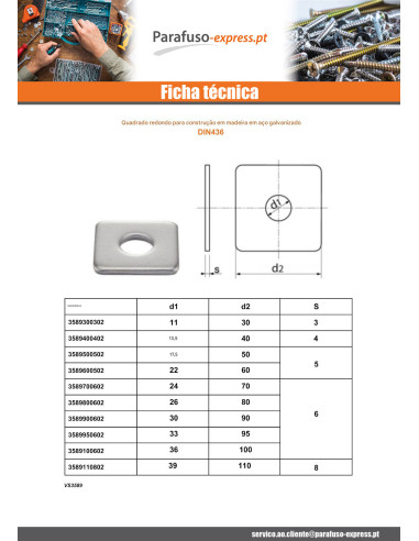 Arruela quadrada para construções de madeira 30X90X6 Aço zinco branco
