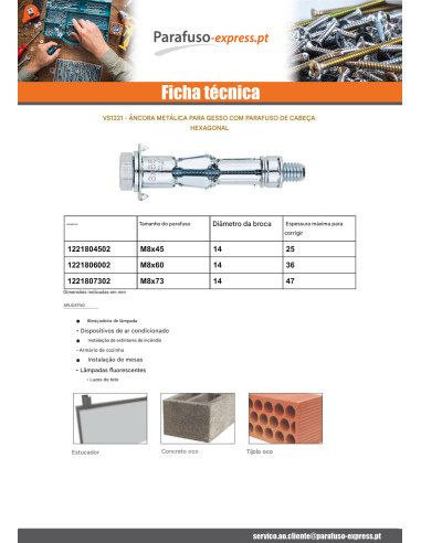 Bucha metálica para placa de gesso. com Parafuso de metais cabeça hexagonal M8X45 Aço zinco branco