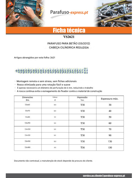 Parafuso Betão cabeça cilíndrica reduzida 7,5X80 diâmetro da cabeça 8,5 TORX T30 Aço zinco branco