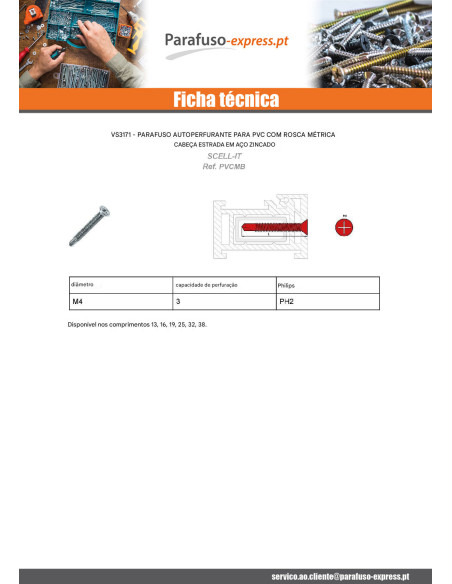 Autoperfurante PVC metais cabeça fresada Phillips 2 4X13 Aço zinco branco