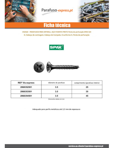 Parafusos para placas de gesso Spax Phillips 2 3,5 x 45 Aço fosfatizado GIX-D