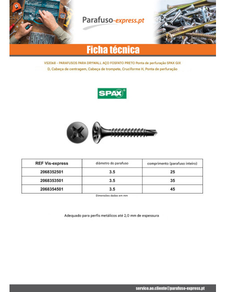 Parafusos para placas de gesso Spax Phillips 2 3,5 x 45 Aço fosfatizado GIX-D