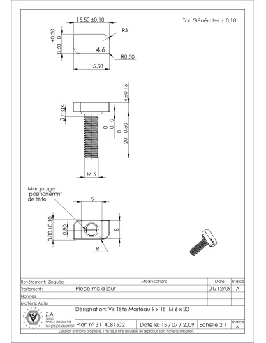 Parafuso de metais cabeça martelo M6X20 20X12 Classe 8.8 Aço zinco branco