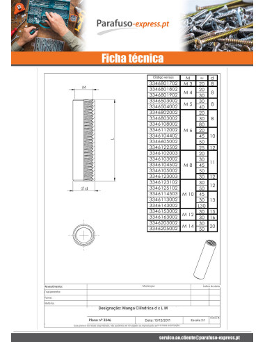 Mangas cilíndrica M5X30 diâmetro exterior 8 Aço zinco branco