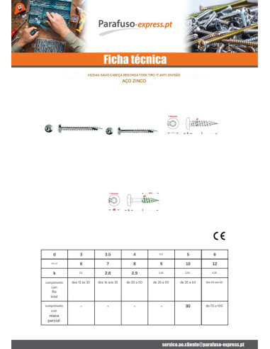 Parafusos de madeira e aglomerado TEKOR cabeça redonda TORX T15 3,5 x 35 rosca total cut ponto antifenda tipo 17 Aço