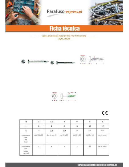 Parafusos de madeira e aglomerado TEKOR cabeça redonda TORX T15 3,5 x 35 rosca total cut ponto antifenda tipo 17 Aço
