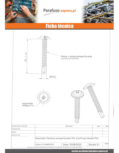 Autoperfurante cabeça redonda larga phillips 4,2X19 Aço zinco branco