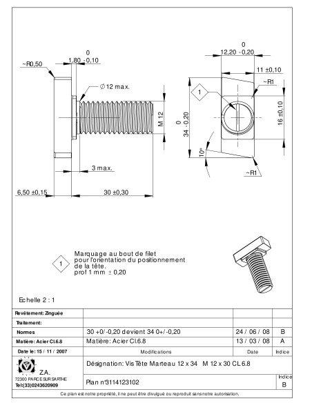 Parafuso de metais cabeça martelo M12/30 12X34 Classe 6.8 Aço zinco branco