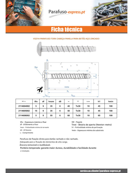 Parafuso de betão cabeça cabeça panela TORX TORX T30 6X40 Aço zinco branco