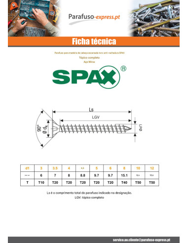 Spax Parafuso de madeira cabeça fresada TORX T20 3,5 x 20 rosca total WIROX