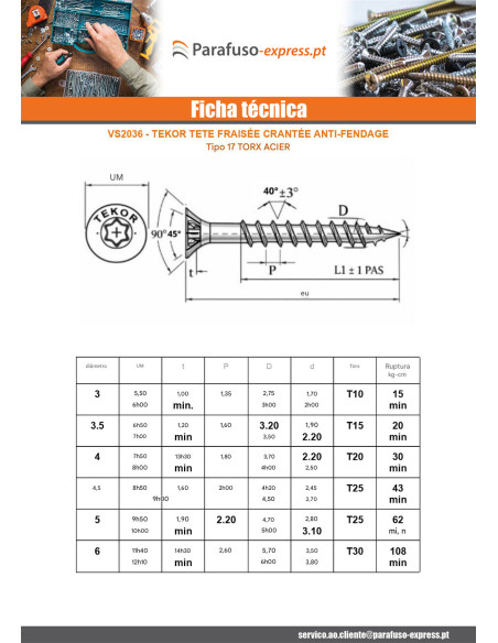 Parafusos de madeira e aglomerado TEKOR cabeça fresada dentado 6X180 roscado sobre 70 TORX T30 Aço zinco branco cut