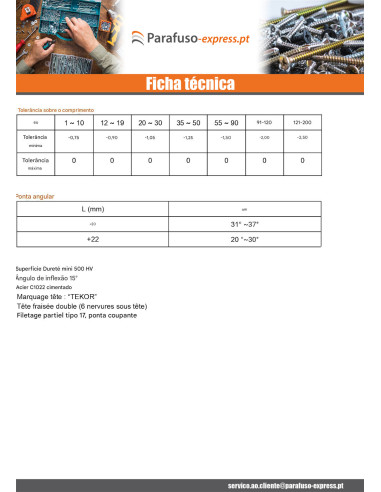Parafusos de madeira e aglomerado TEKOR cabeça fresada dentado 6X180 roscado sobre 70 TORX T30 Aço zinco branco cut