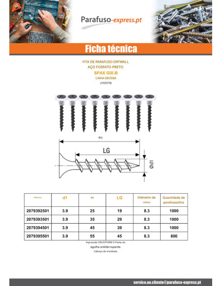Striscia di 50 vite per cartongesso per pistola Spax GIX-B 3,9X55 Aço fosfatizado