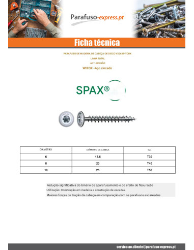 Spax Parafuso de madeira cabeça disco TORX T40 8X240 roscado sobre 80 4CUT WIROX