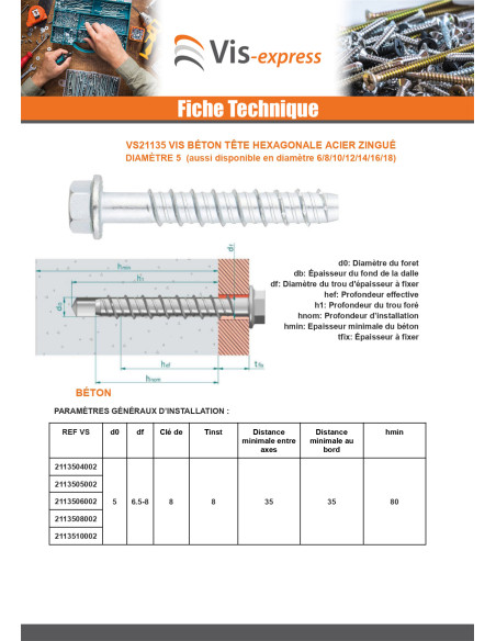 Parafuso de betão cabeça hexagonal flange com gola TORX T8 5X50 Aço zinco branco