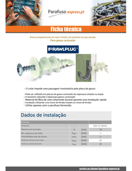 Bucha Nylon autoperfurante RAWLPLUG 14X32 com PARAFUSO Aço zinco branco