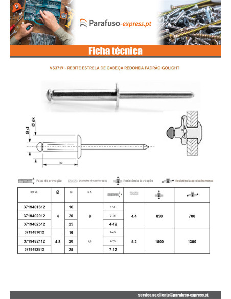 Rebite Cego GOLIGHT ALU/ALU Cabeça redonda padrão 4X16