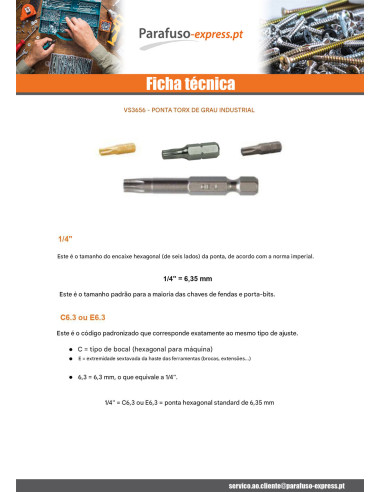 Ponteira Qualidade industrial 1/4" E6.3 TORX T10 comprimento 50